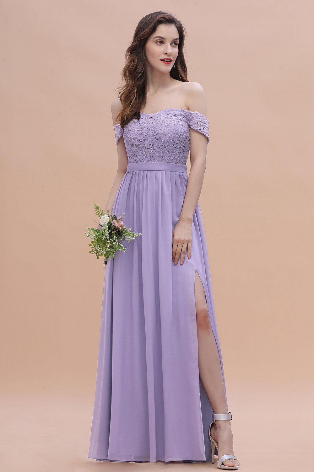 Romantice Off-the-Shoulde Lace Chiffon A-Line Bridesmaid Dress With Slit