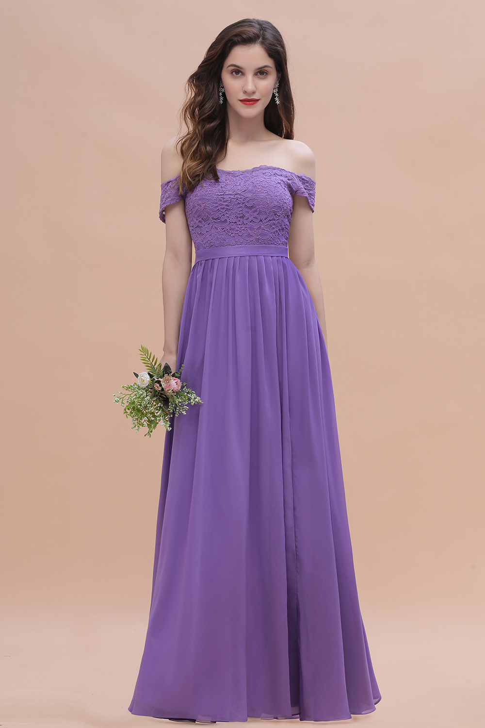 Romantice Off-the-Shoulde Lace Chiffon A-Line Bridesmaid Dress With Slit