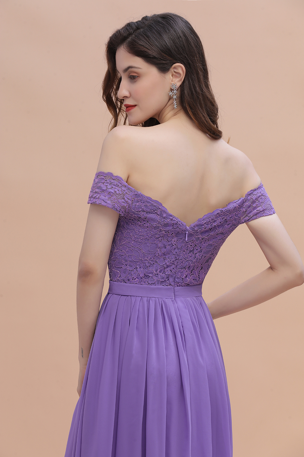 Romantice Off-the-Shoulde Lace Chiffon A-Line Bridesmaid Dress With Slit