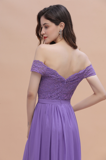 Romantice Off-the-Shoulde Lace Chiffon A-Line Bridesmaid Dress With Slit