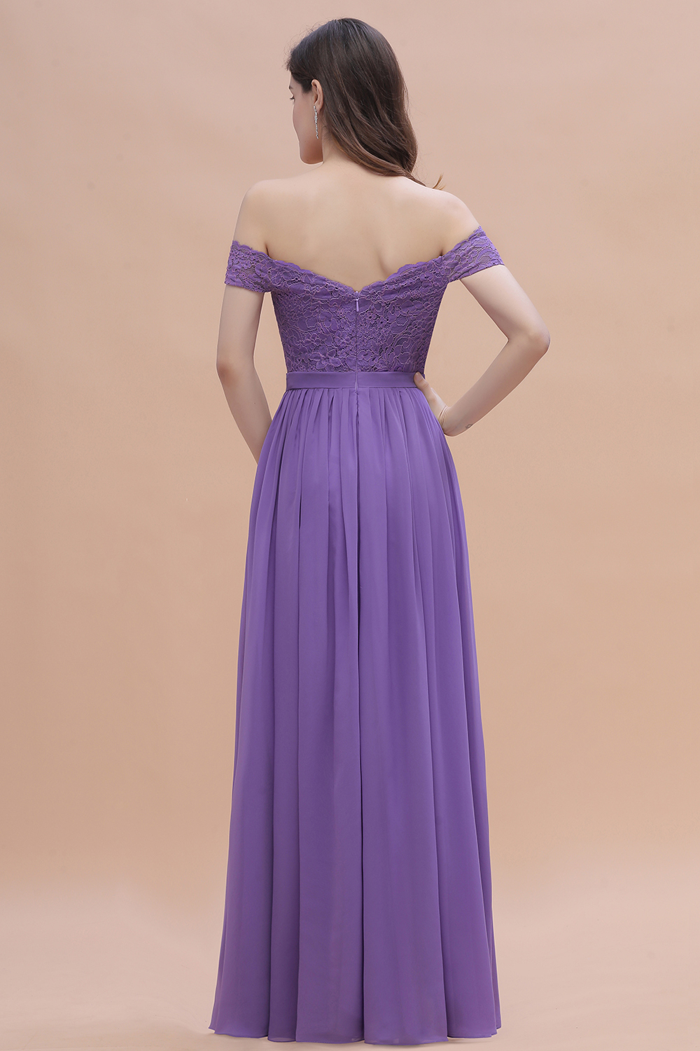 Romantice Off-the-Shoulde Lace Chiffon A-Line Bridesmaid Dress With Slit