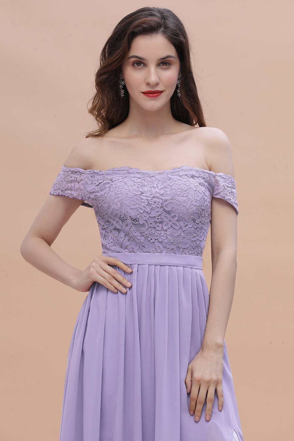 Romantice Off-the-Shoulde Lace Chiffon A-Line Bridesmaid Dress With Slit