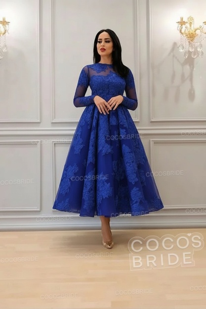 Elegant Short A-line High Neck Lace Ankle Length Formal Evening Dress with Sleeves