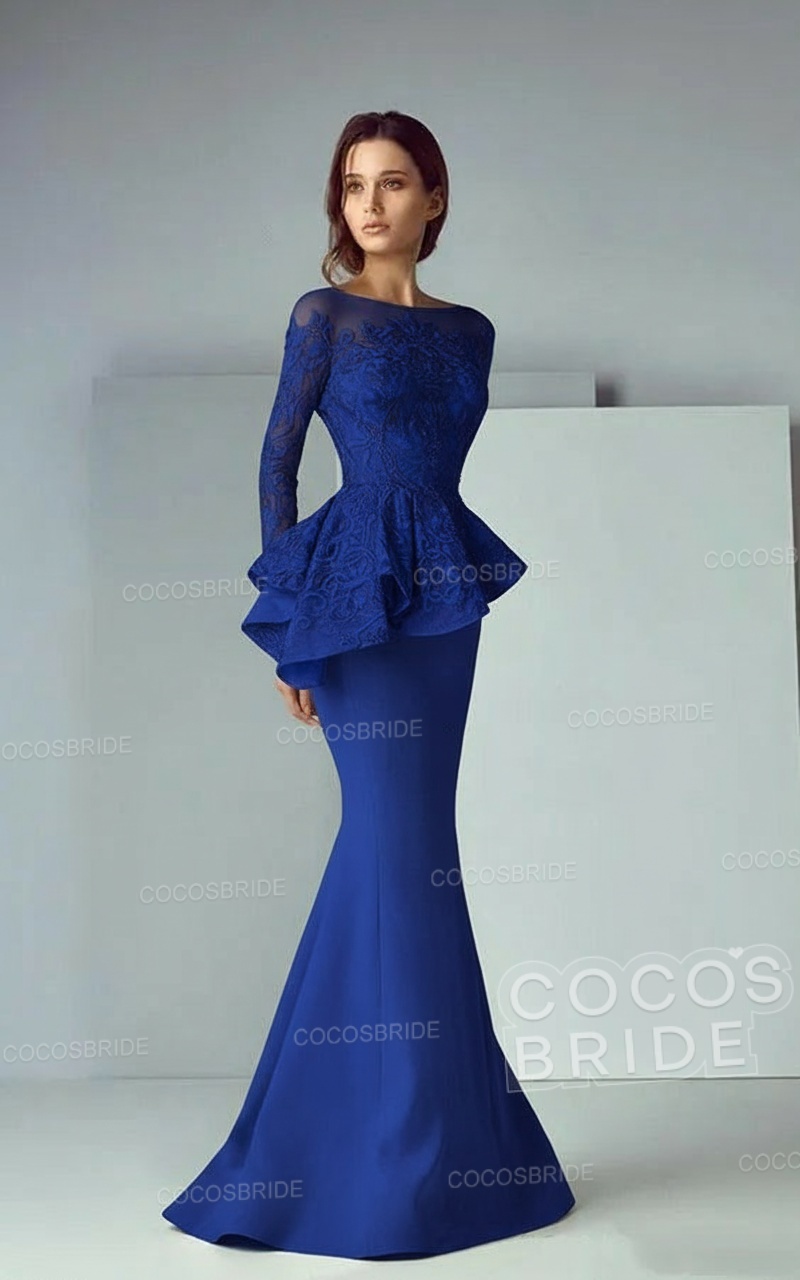 Modest Long Mermaid Lace Satin Formal Prom Dresses with Sleeves