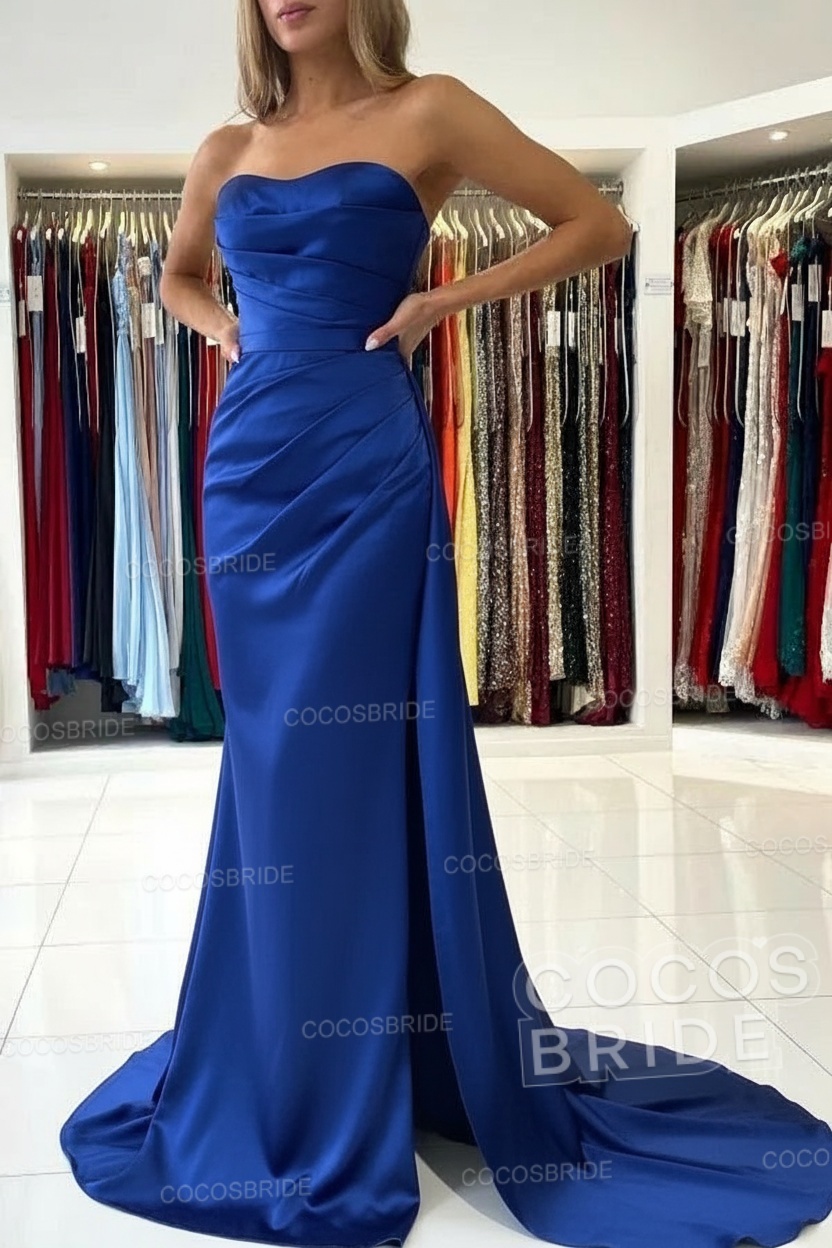 Long Mermaid Strapless Satin Prom Dress with Slit