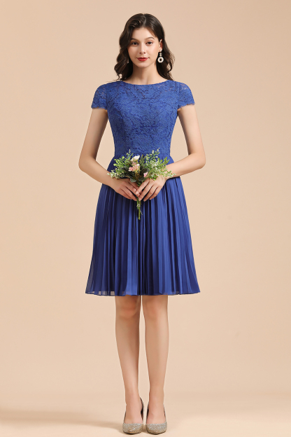 Royal Blue Lace Short Sleeve Knee Length Bridesmaid Dress