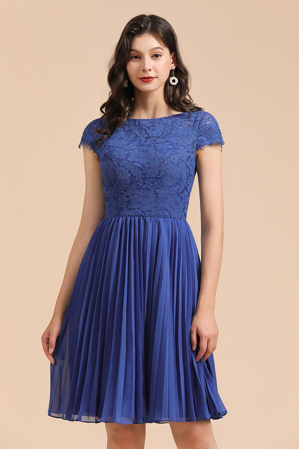 Royal Blue Lace Short Sleeve Knee Length Bridesmaid Dress