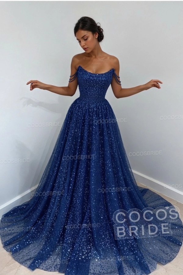 Long A-line Sparkly Sleeveless Sequined Formal Prom Dress