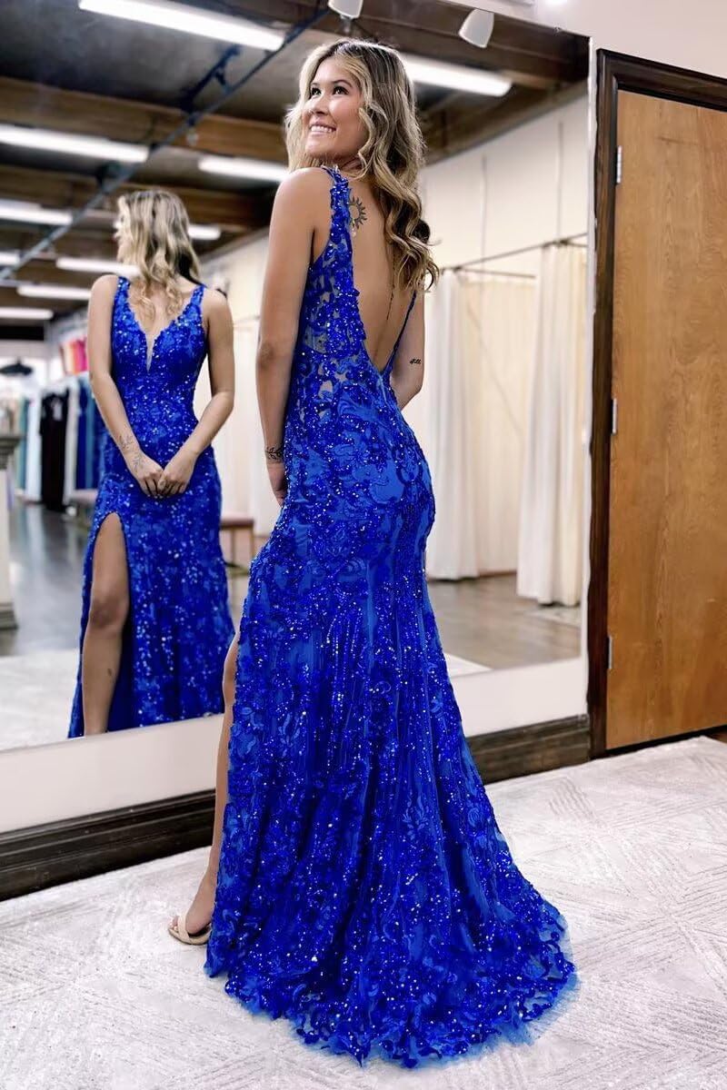 V-neck Sequin Mermaid Long Backless Prom Dress with Slit