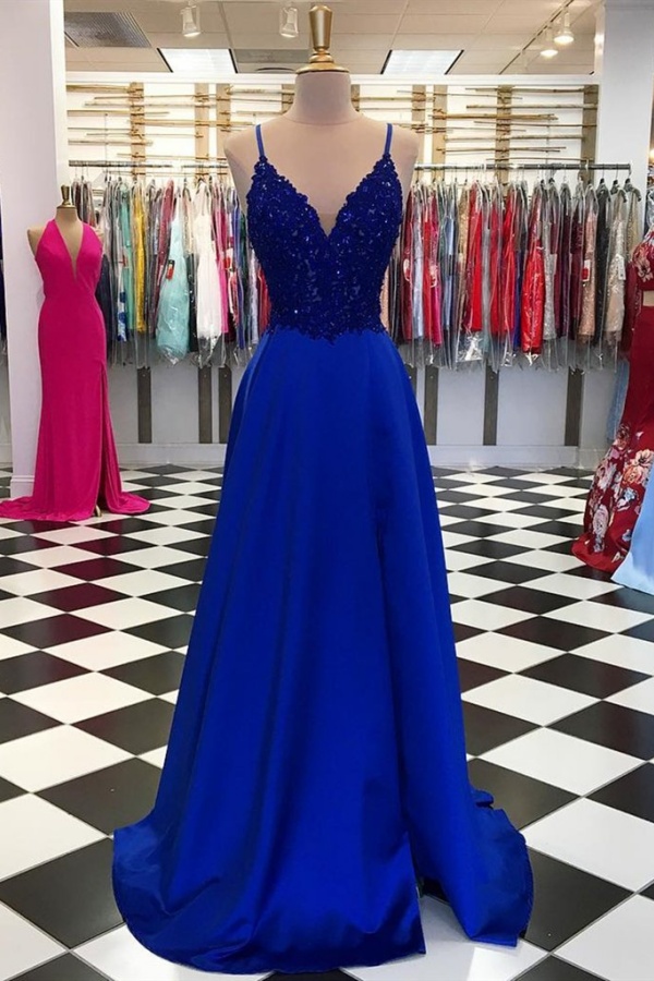 royal blue spaghetti strap dress Royal Blue Tiered Sequin Lace Prom Dresses with Slit & Spaghetti Straps main image 1