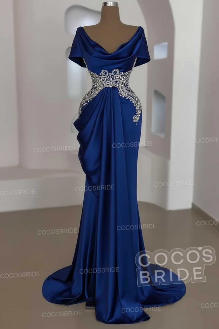 Mermaid Cowl Neck Satin Long Prom Dresses with Short Sleeves