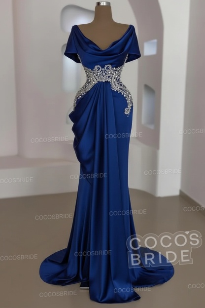 Mermaid Cowl Neck Satin Long Prom Dresses with Short Sleeves