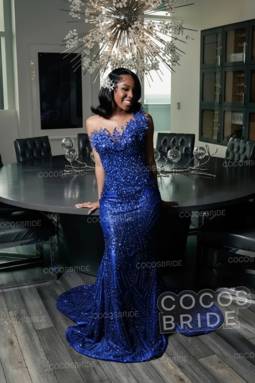 One Shoulder Sleeveless Mermaid Prom Dress with Beaded