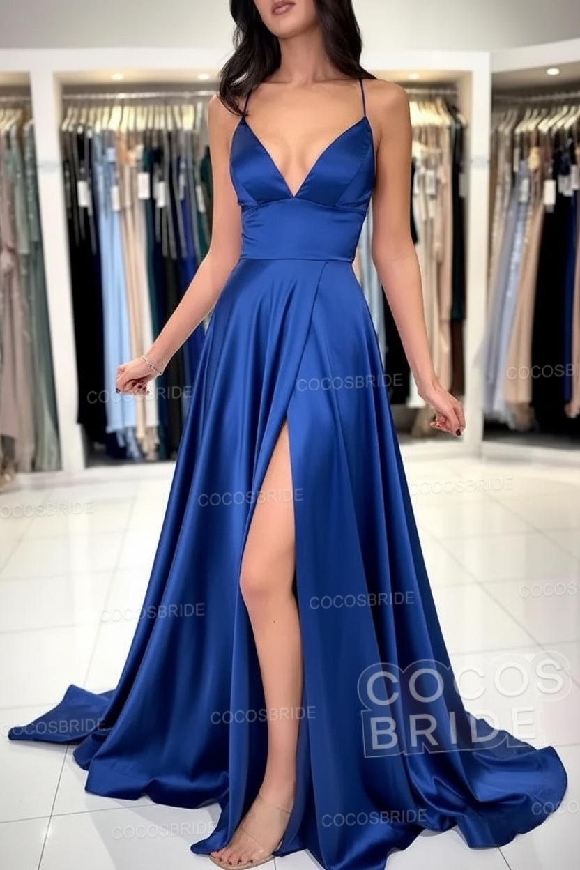 Simple Long A-line V-neck Satin Backless Formal Prom Dresses with Slit
