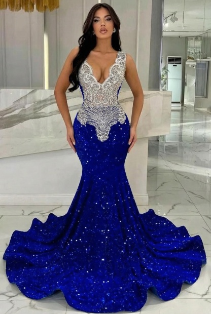 Royal Blue V-neck Sequined Long Mermaid Formal Prom Dresses