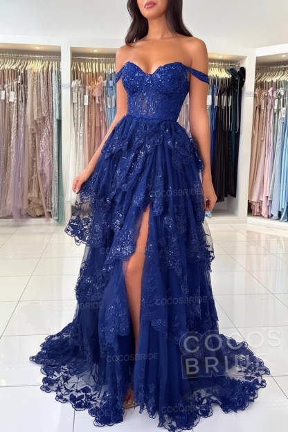 Off The Shoulder Sweetheart Lace A-Line Long Prom Dress with Slit