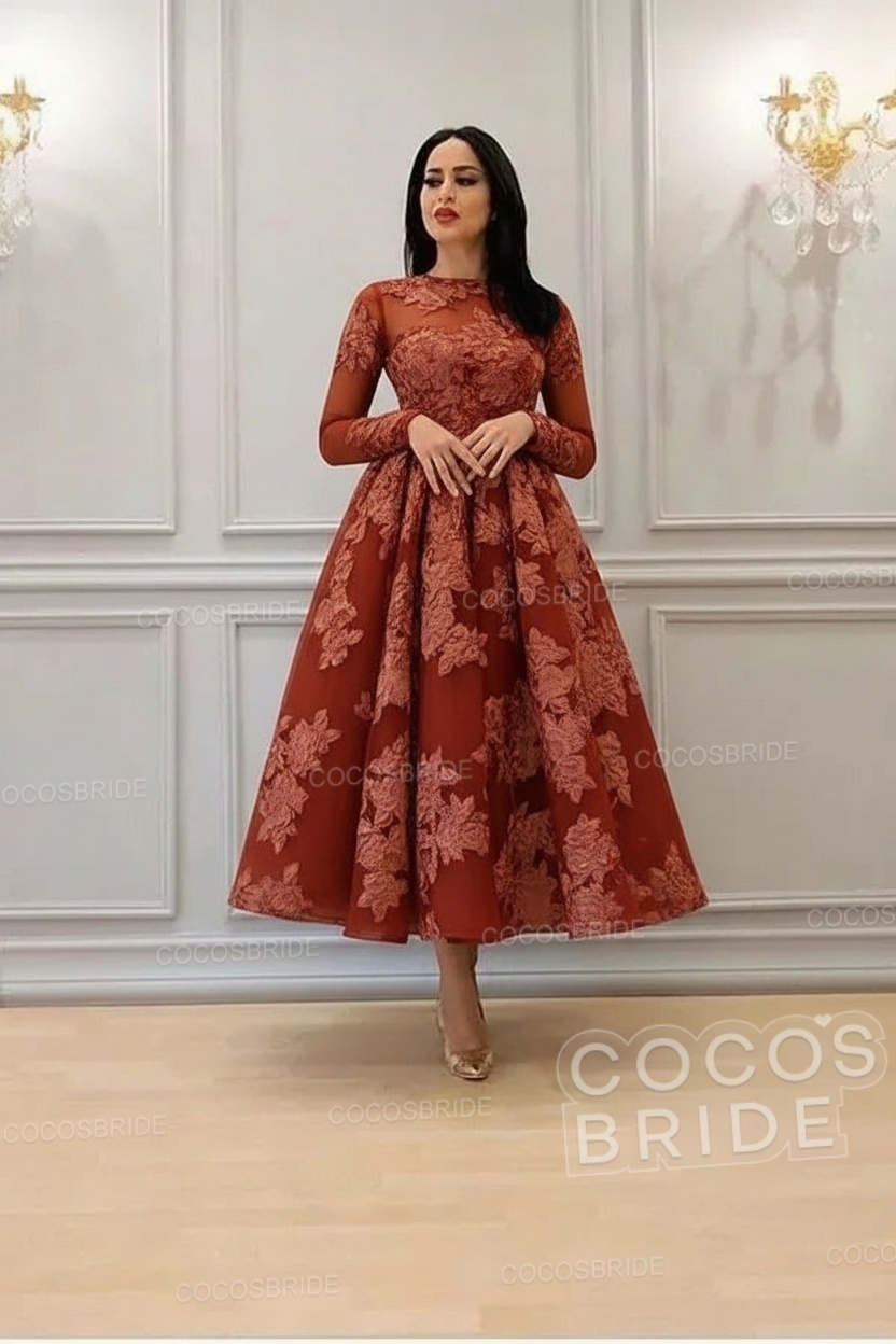 Elegant Short A-line High Neck Lace Ankle Length Formal Evening Dress with Sleeves