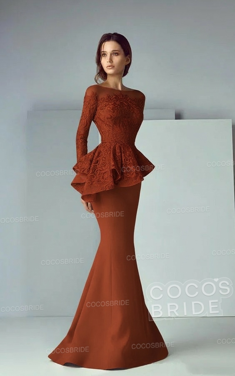 Modest Long Mermaid Lace Satin Formal Prom Dresses with Sleeves