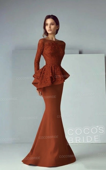 Modest Long Mermaid Lace Satin Formal Prom Dresses with Sleeves