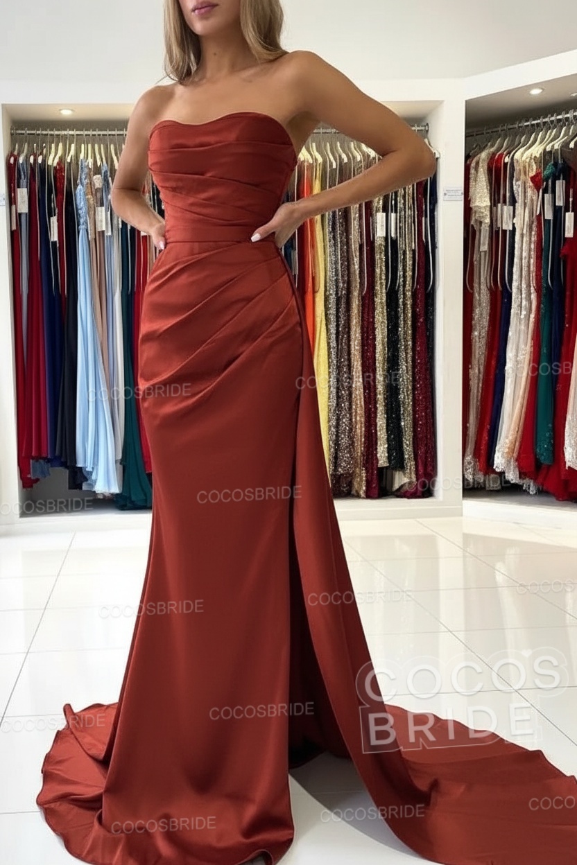 Long Mermaid Strapless Satin Prom Dress with Slit