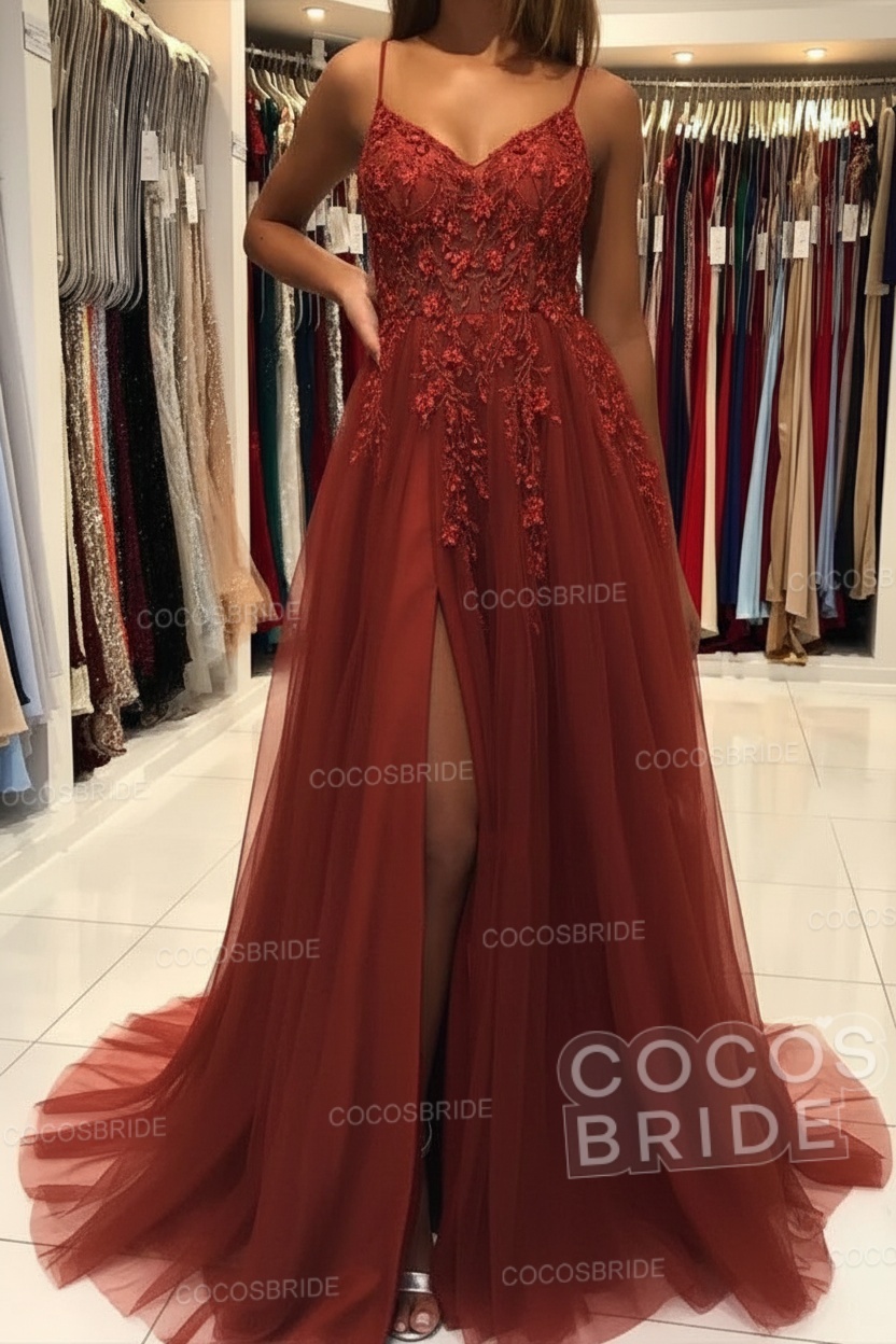 Long A-line V-neck Spaghetti Straps Open Back Prom Dress with Slit