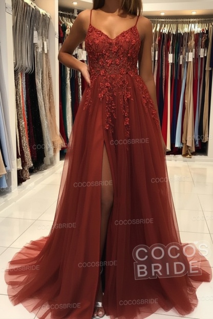 Long A-line V-neck Spaghetti Straps Open Back Prom Dress with Slit