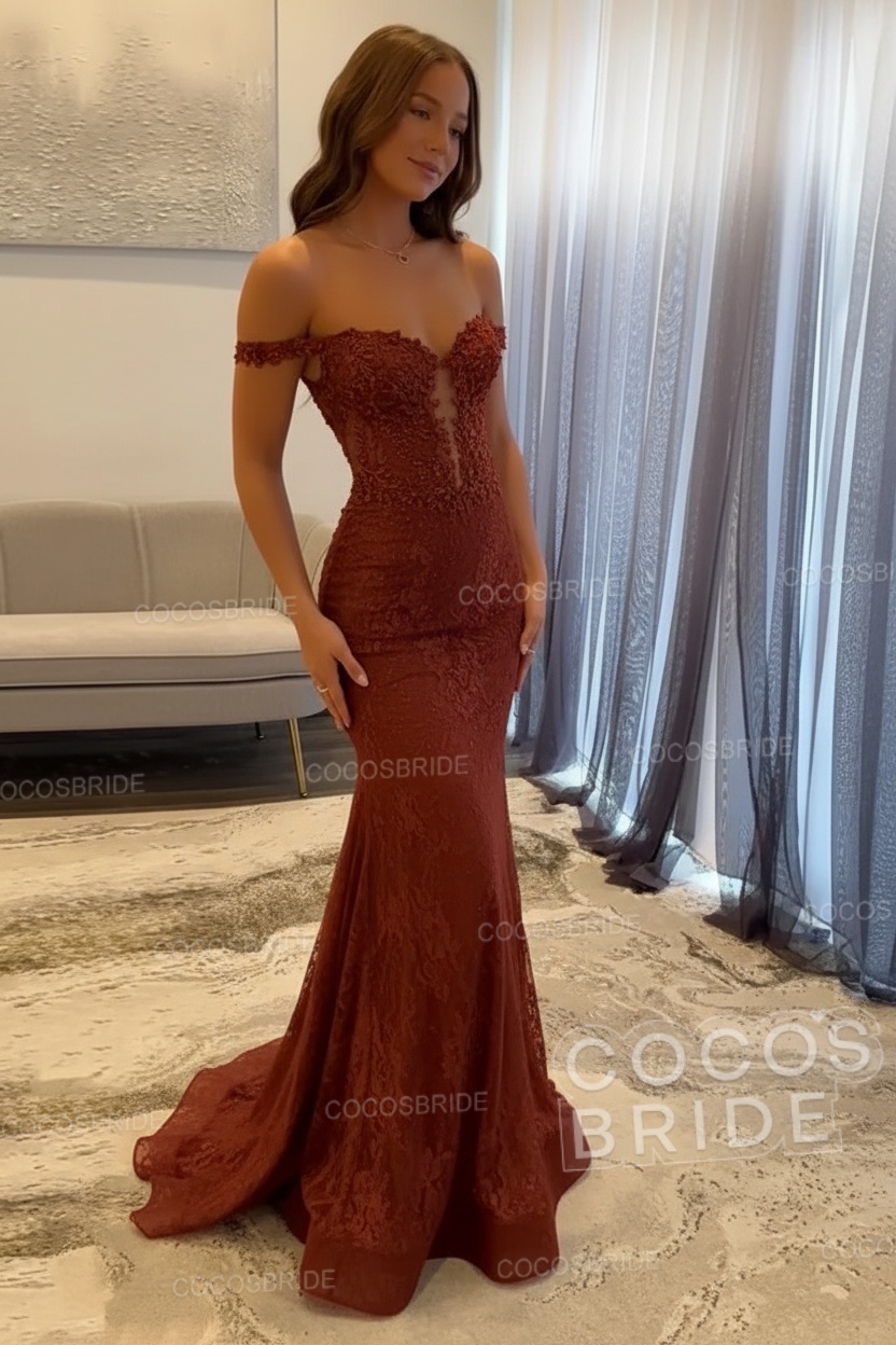 Dark Navy Long Mermaid Off the Shoulder Lace Prom Dress