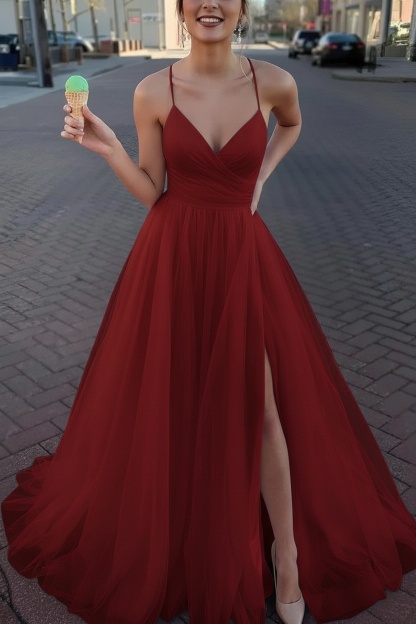 Long Spaghetti Straps V-neck A-Line Tulle Prom Dress With Side Slit