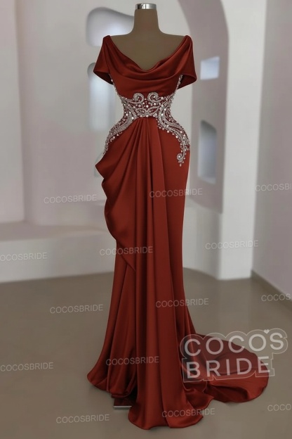 Mermaid Cowl Neck Satin Long Prom Dresses with Short Sleeves