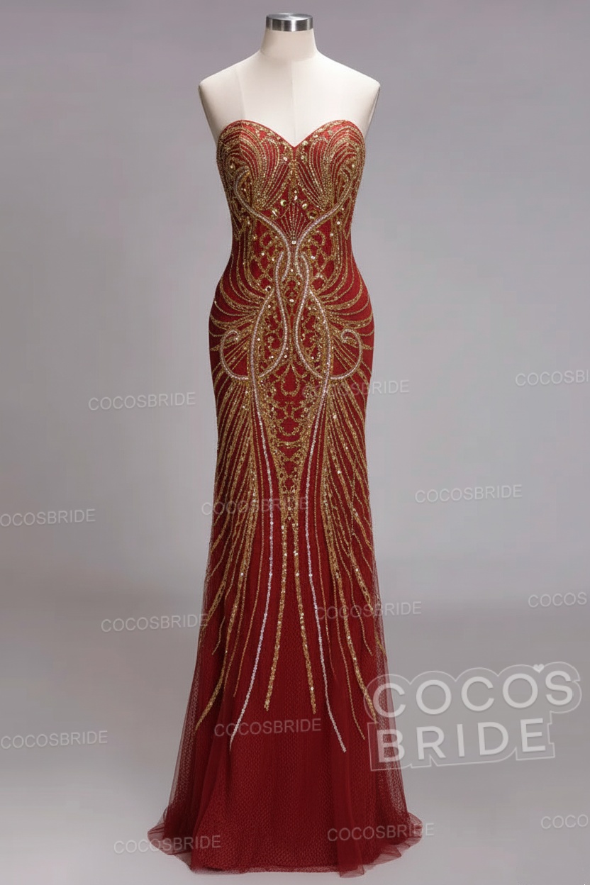 Mermaid Strapless Sweetheart Long Sequined Formal Evening Dresses with Beads