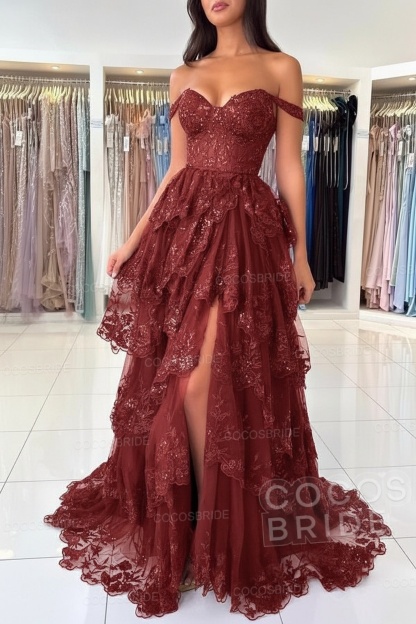 Off The Shoulder Sweetheart Lace A-Line Long Prom Dress with Slit
