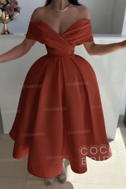Off the Shoulder A-Line Satin Prom Dress with Pleated
