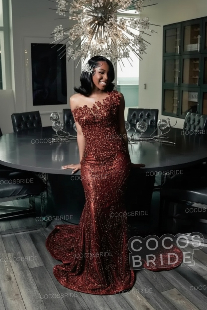 One Shoulder Sleeveless Mermaid Prom Dress with Beaded