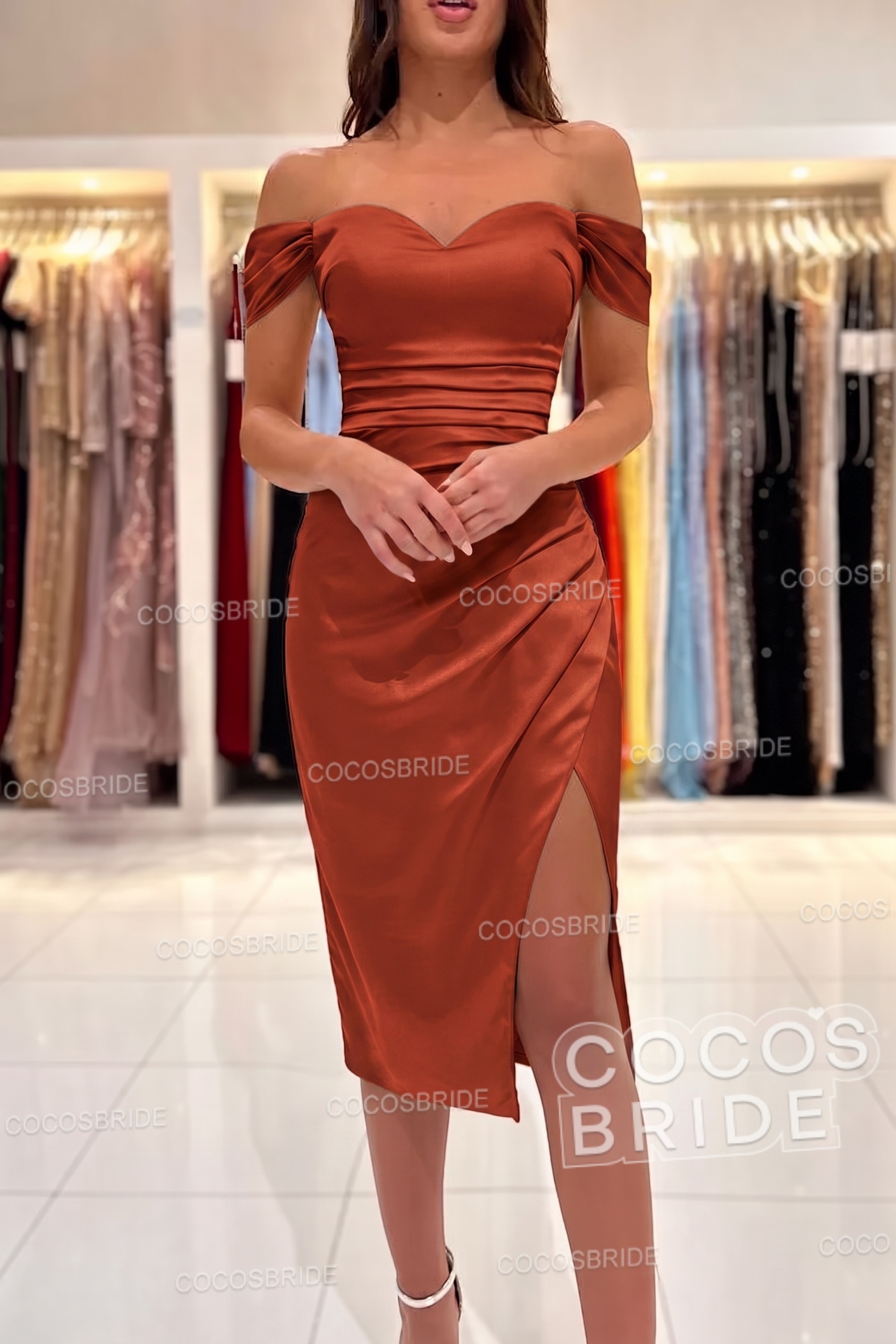 Short Mermaid Off the Shoulder Satin Party Dresses with Slit