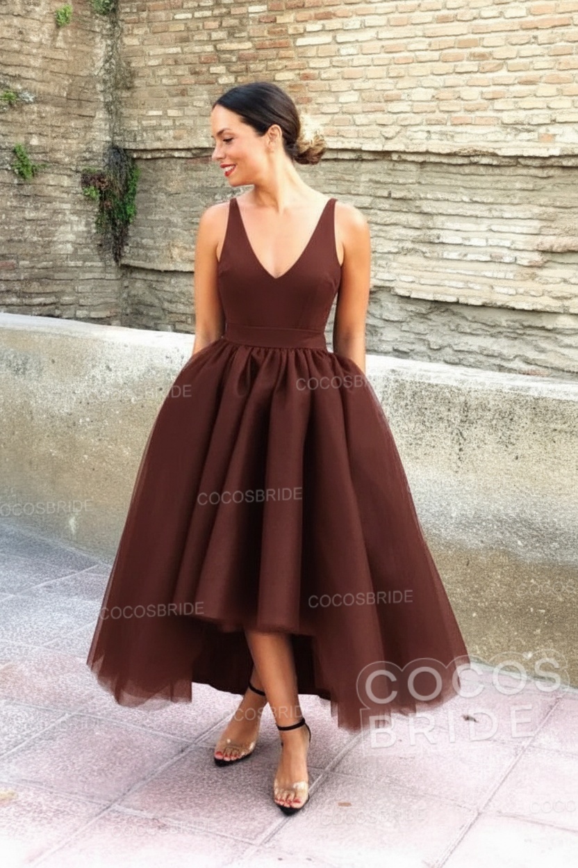 Simple Black V-neck Sleeveless Asymmetrical A-Line Prom Dresses