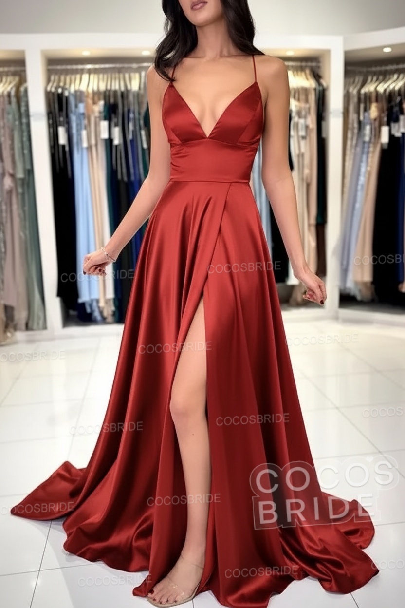 Simple Long A-line V-neck Satin Backless Formal Prom Dresses with Slit