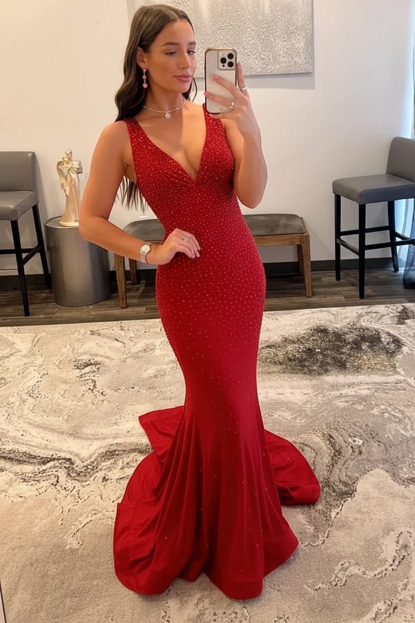 Orange Long Mermaid V neck Sequin Backless Prom Dress