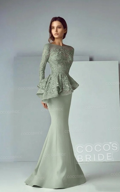 Modest Long Mermaid Lace Satin Formal Prom Dresses with Sleeves