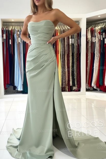 Long Mermaid Strapless Satin Prom Dress with Slit