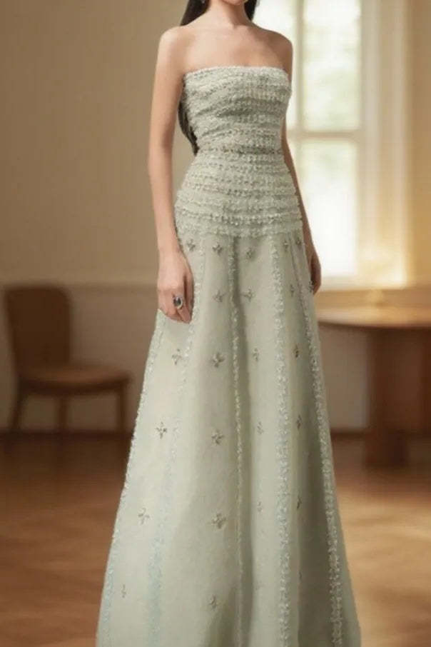 Sage Green Strapless A-line Prom Dress with Appliques