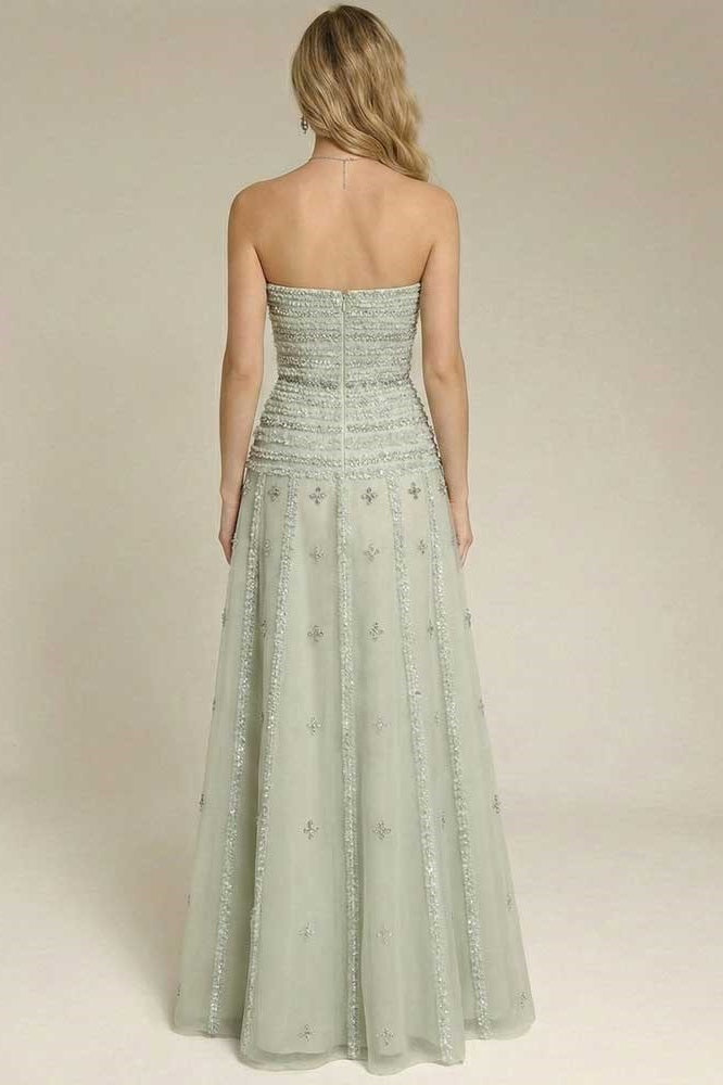 Sage Green Strapless A-line Prom Dress with Appliques