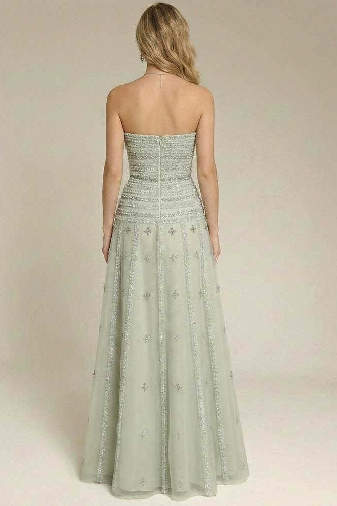 Sage Green Strapless A-line Prom Dress with Appliques