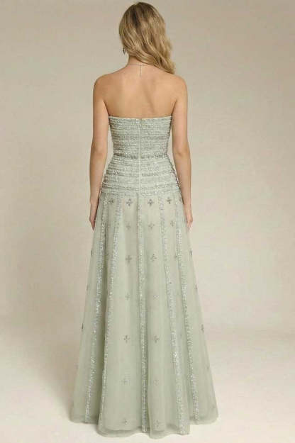 Sage Green Strapless A-line Prom Dress with Appliques