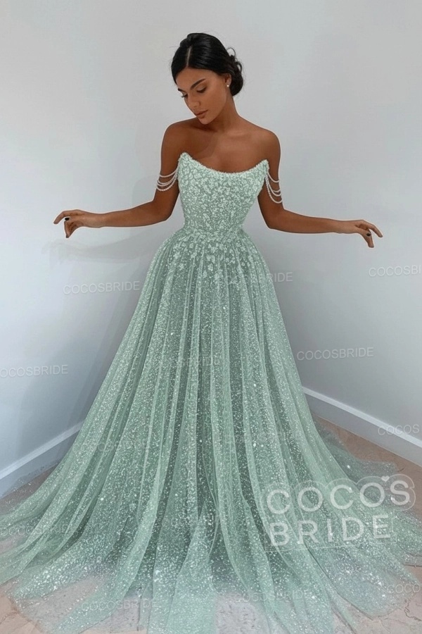 Long A-line Sparkly Sleeveless Sequined Formal Prom Dress