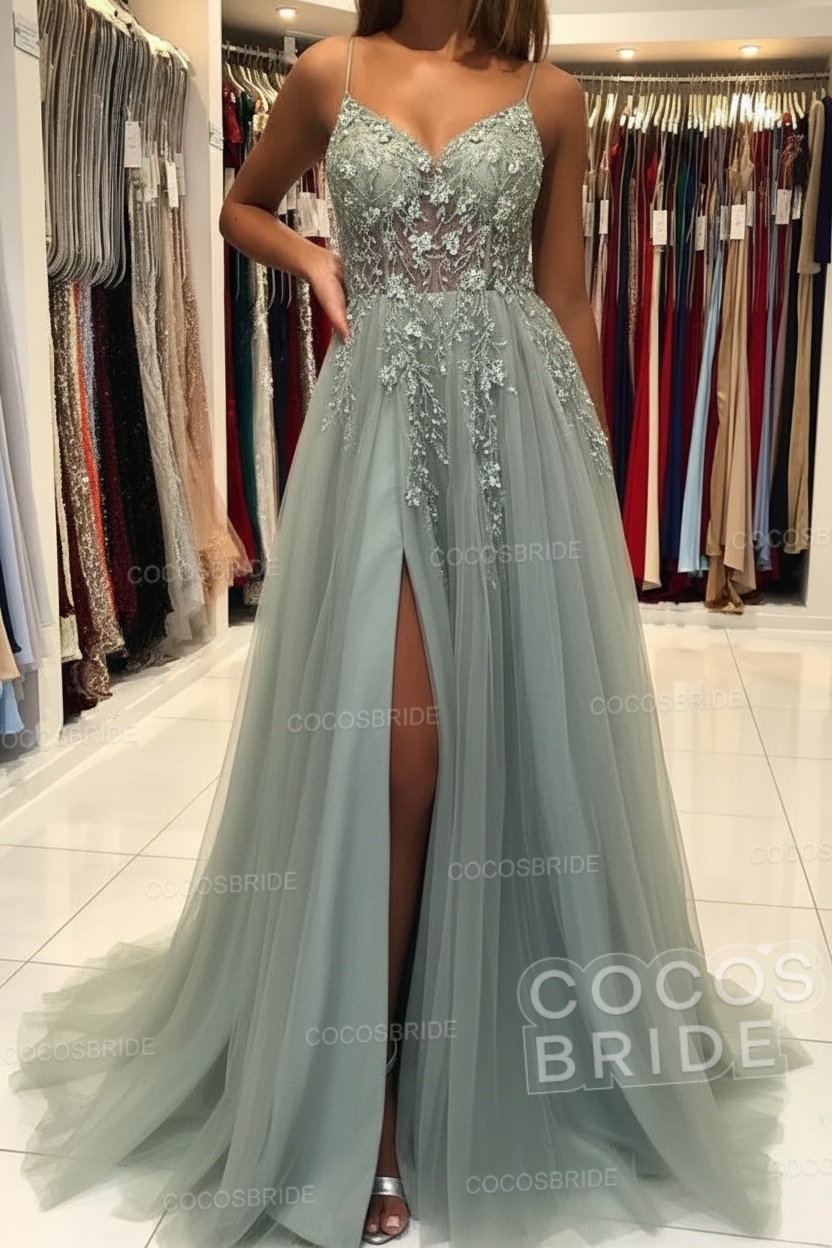 Long A-line V-neck Spaghetti Straps Open Back Prom Dress with Slit