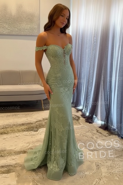 Dark Navy Long Mermaid Off the Shoulder Lace Prom Dress