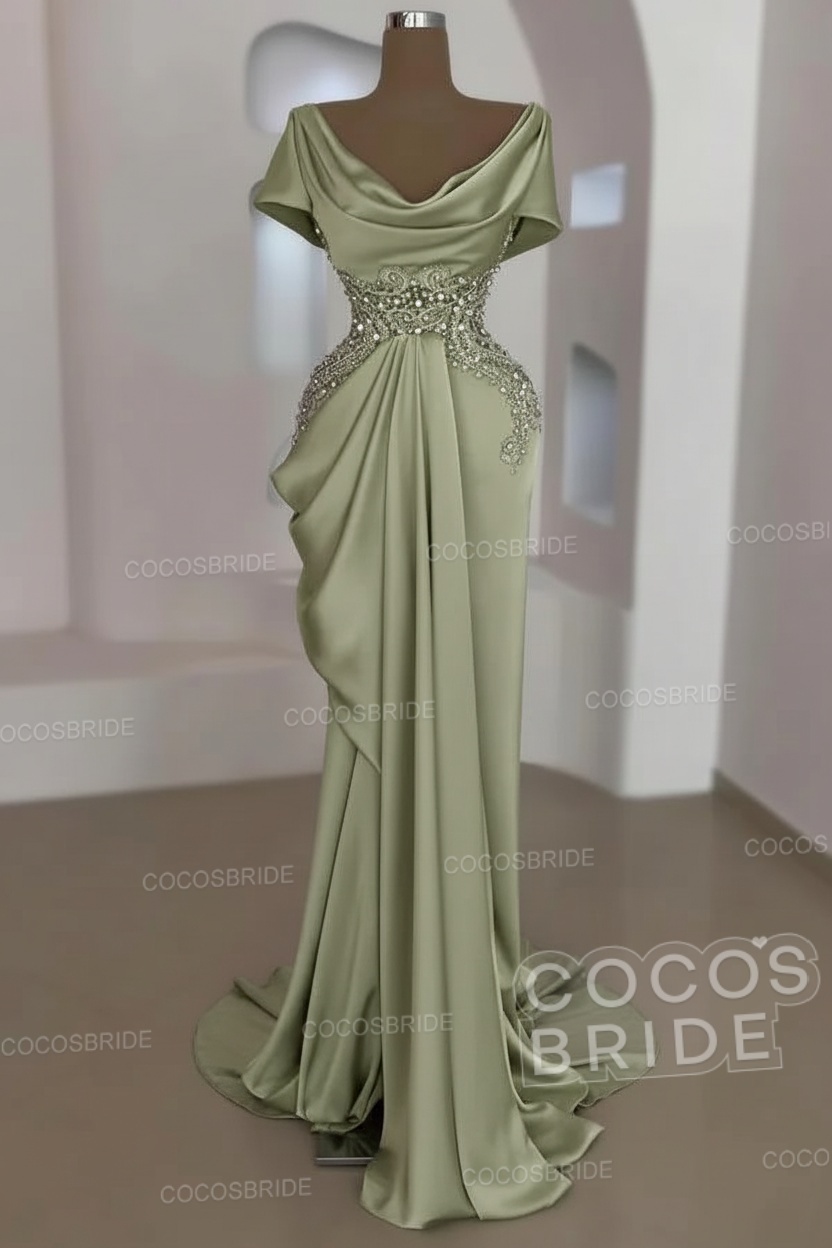 Mermaid Cowl Neck Satin Long Prom Dresses with Short Sleeves