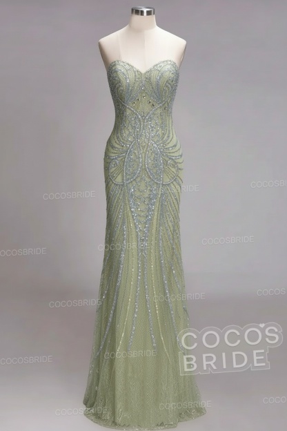 Mermaid Strapless Sweetheart Long Sequined Formal Evening Dresses with Beads