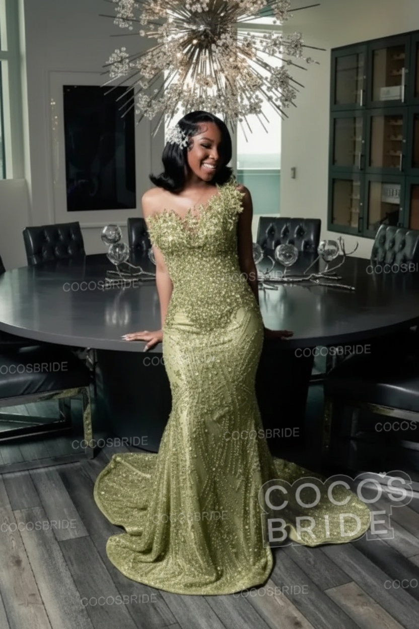 One Shoulder Sleeveless Mermaid Prom Dress with Beaded