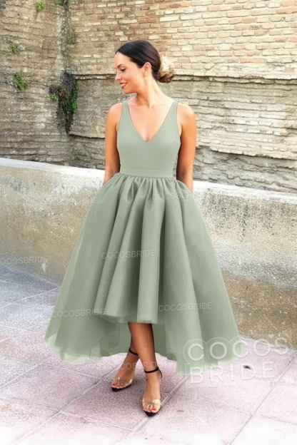 Simple Black V-neck Sleeveless Asymmetrical A-Line Prom Dresses